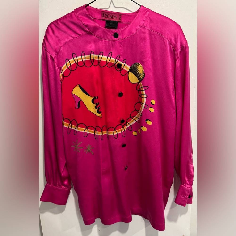 Vntg Escada 💯 silk blouse fuschia shoe star moon abstract retro party office M